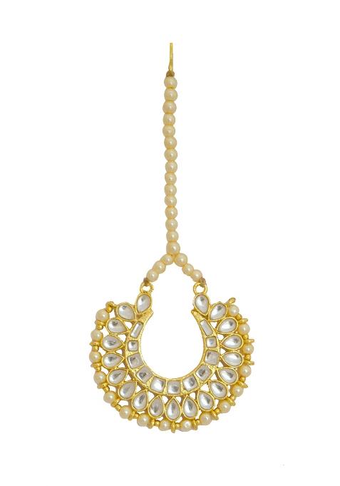 Golden White Kundan Embellished Maang Tikka