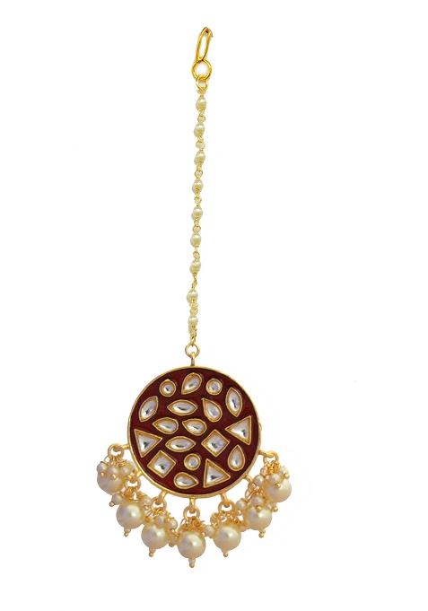 Golden White Kundan Embellished Maang Tikka