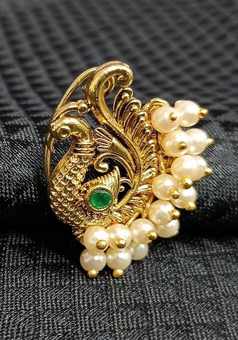 Red Gold Plated Pearl Alloy Artificial Green Stone Maharashtrian Nath