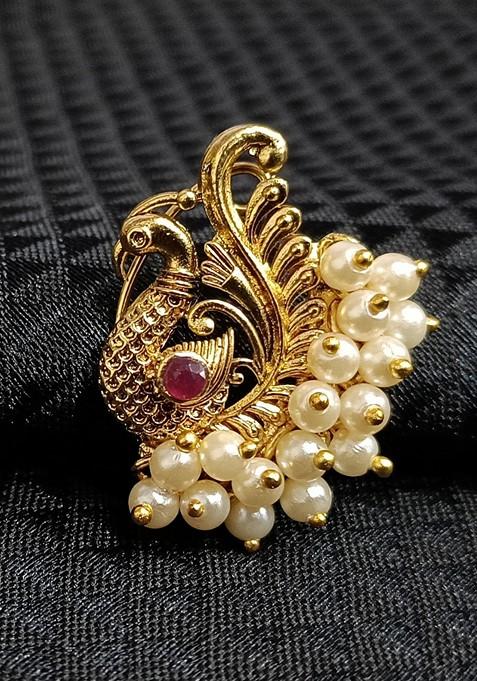 Green Gold Plated Pearl Alloy Artificial Red Stone Maharashtrian Nath