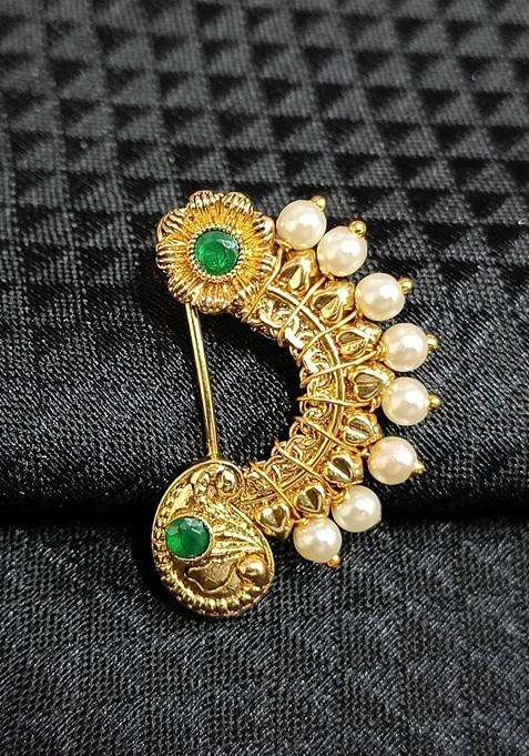 Gold Plated Pearl Artificial Green Stone Maharashtrian Nath