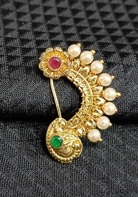 Red Gold Plated Pearl Alloy Artificial Multicolour Stone Maharashtrian Nath