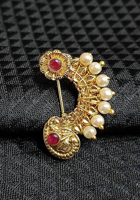 Green Gold Plated Pearl Artificial Red Stone Maharashtrian Nath