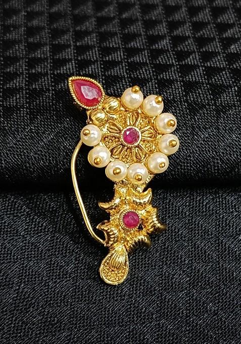 Red Gold Plated Pearl Alloy Artificial Red Stone Maharashtrian Nath