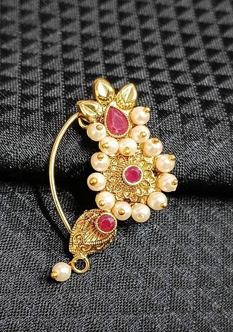 Green Gold Plated Pearl Alloy Artificial Red Stone Maharashtrian Nath