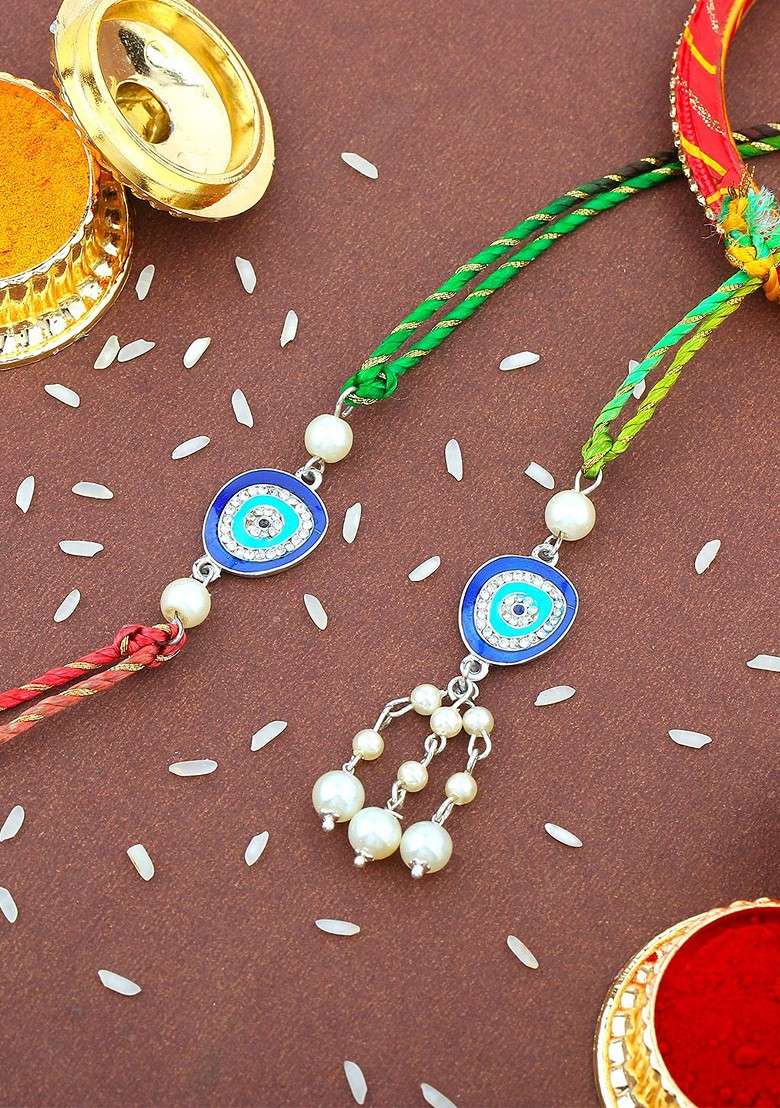 Blue White Bhaiya Bhabhi Pearl Rakhi - Indya