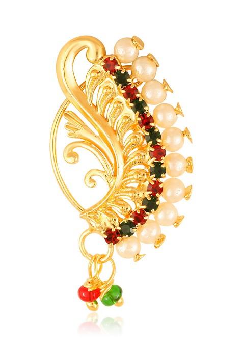 Red Gold Plated Pearl Cz Multicolour Stone Maharashtrian Nath