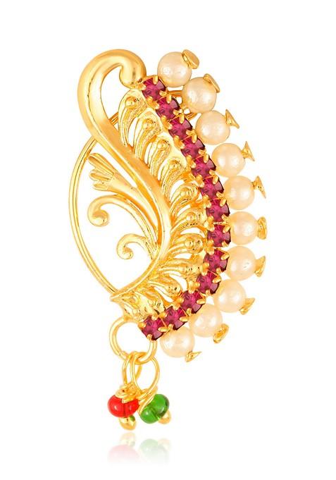 Gold Plated Pearl Bead Cz Pink Stone Maharashtrian Nath