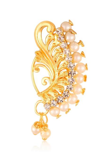 Gold Plated Pearl Bead Cz White Stone Maharashtrian Nath