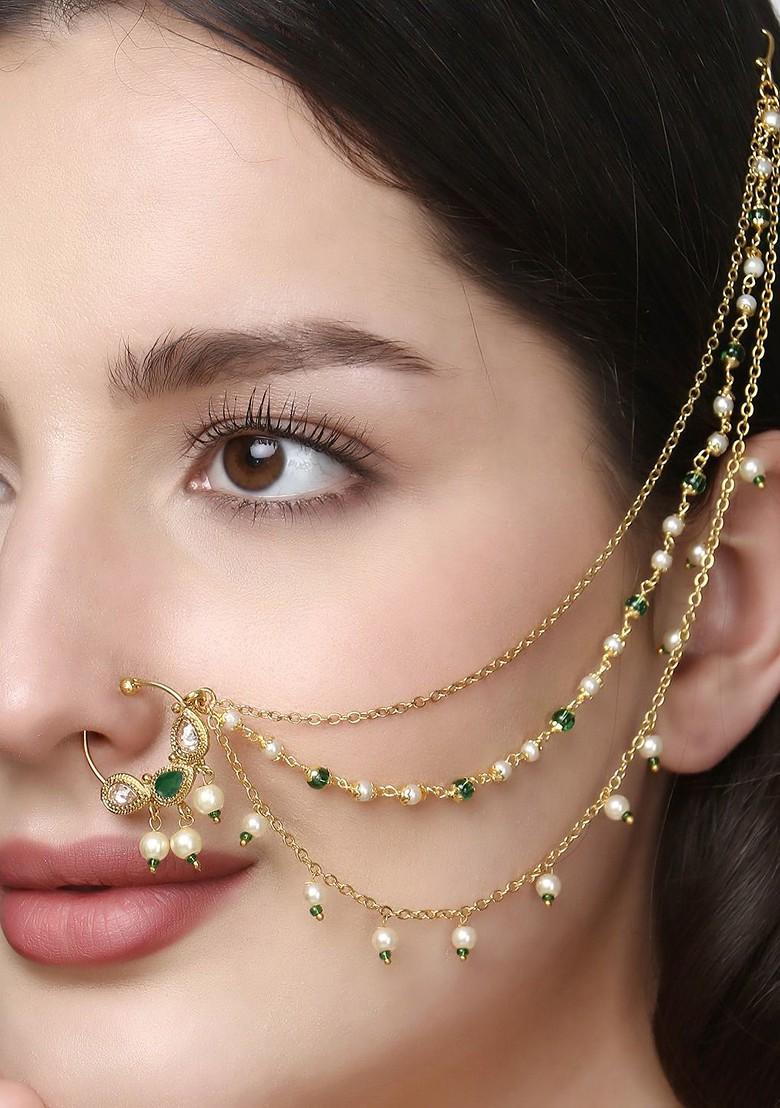Gold Stone Studded And Beaded Gold Plated Nosepin