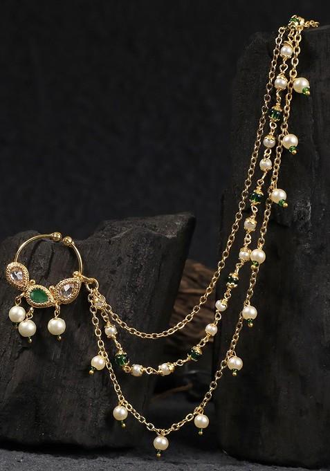 Gold Stone Studded And Beaded Gold Plated Nosepin