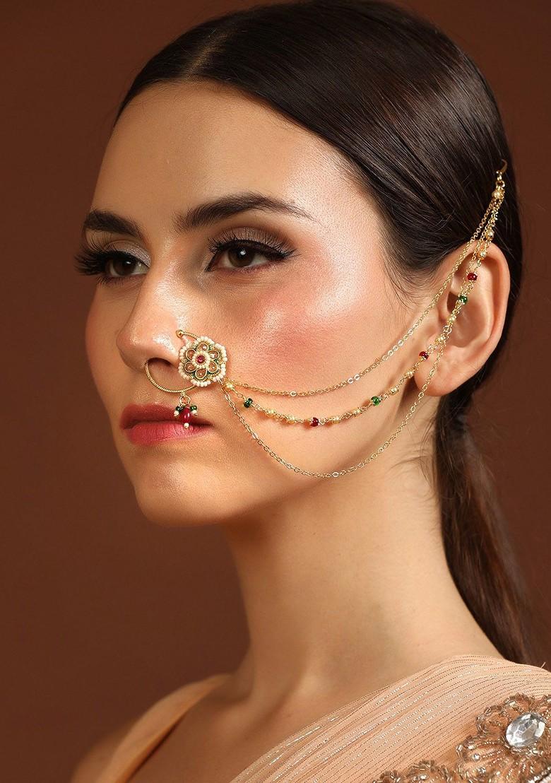 Gold Artificial Stones And Beads Gold Plated Nosepin