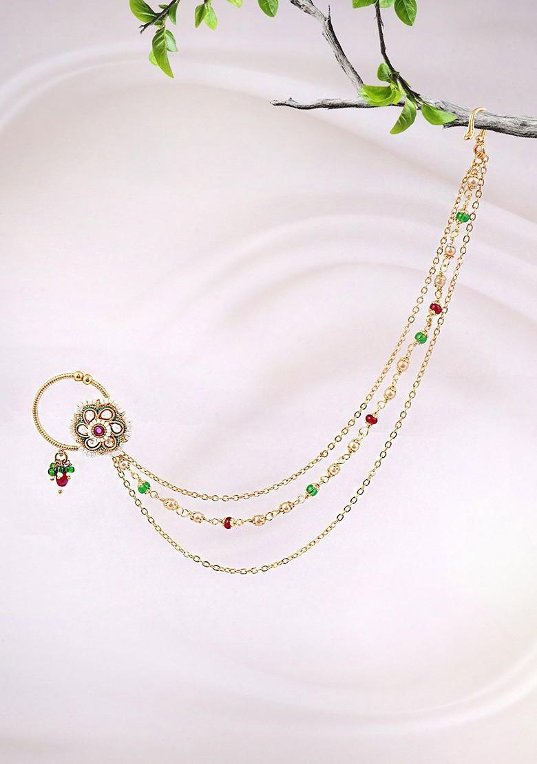 Gold Artificial Stones And Beads Gold Plated Nosepin