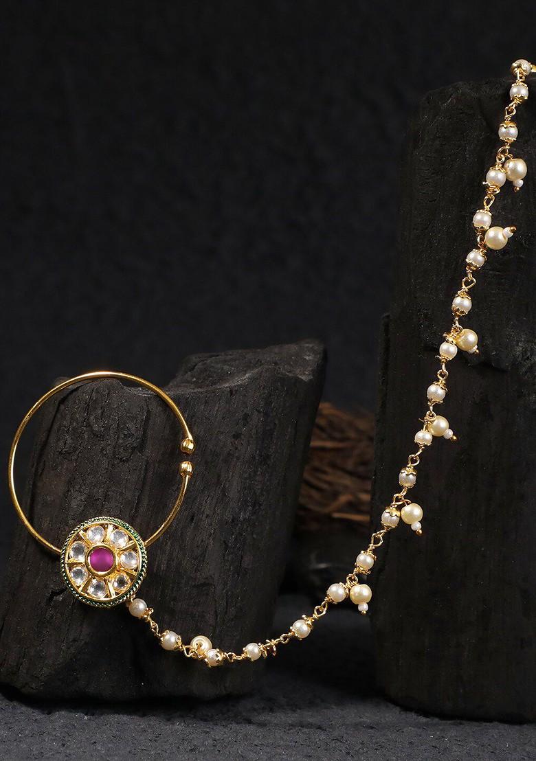 Gold Studded  And Beaded  Gold Plated Nosepin