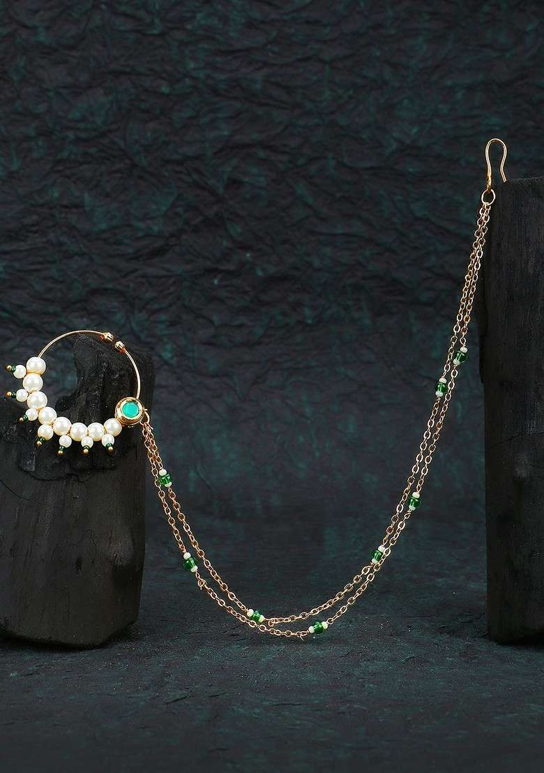 Gold Artificial Stones And Beads Gold Plated Nosepin - Indya