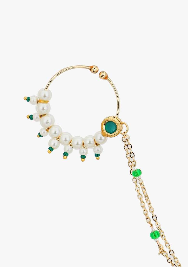 Gold Artificial Stones And Beads Gold Plated Nosepin - Indya