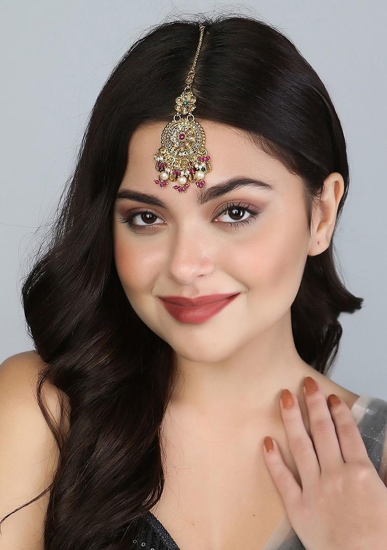 Gold Artificial Stones And Beads Gold Plated Maangtikka
