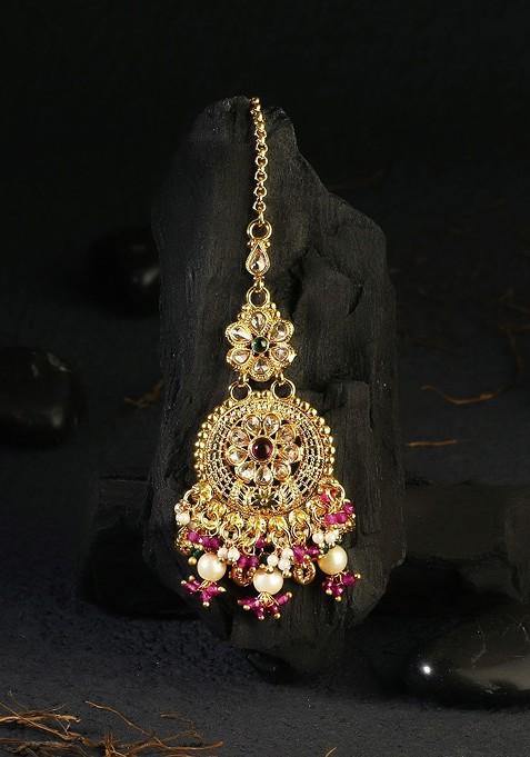 Gold Artificial Stones And Beads Gold Plated Maangtikka