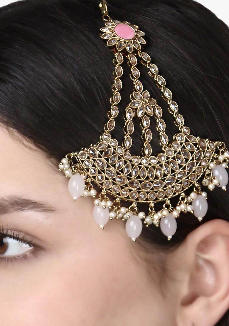 Gold Stone Studded And Beaded Gold Plated Jhumar Passa