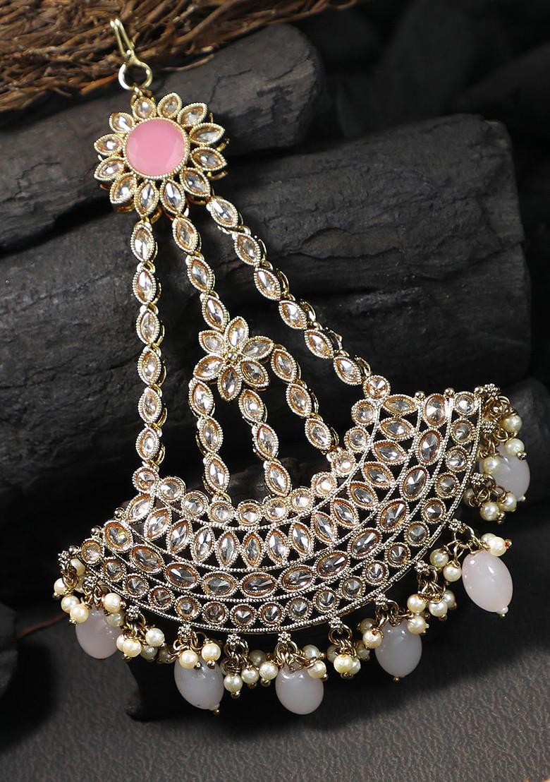 Gold Stone Studded And Beaded Gold Plated Jhumar Passa