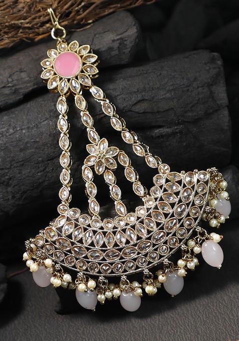 Gold Stone Studded And Beaded Gold Plated Jhumar Passa