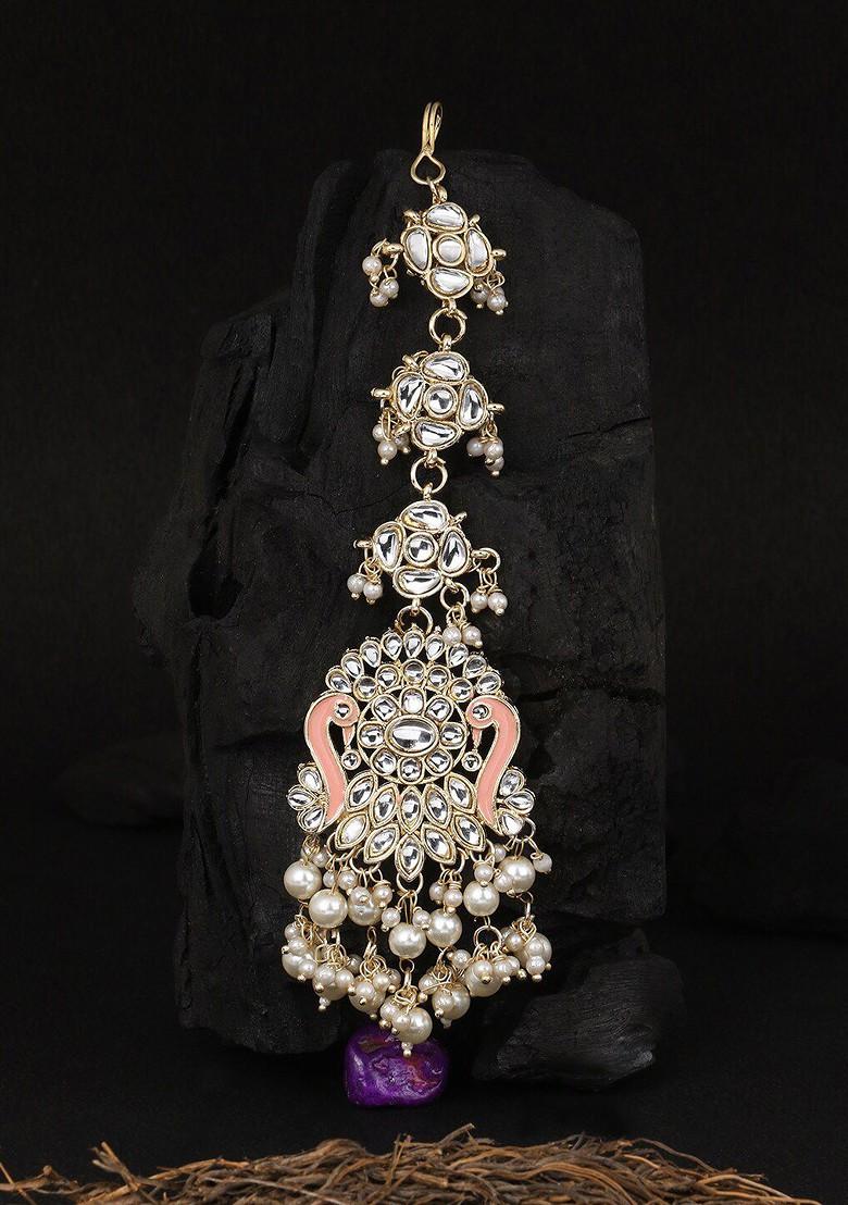 Gold Artificial Stones And Beads Gold Plated Maangtikka