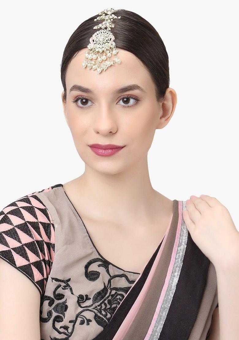 Gold Artificial Stones And Beads Gold Plated Maangtikka