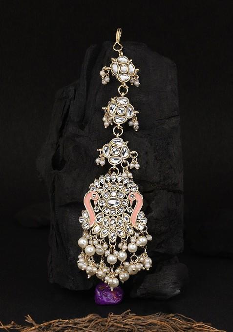 Gold Artificial Stones And Beads Gold Plated Maangtikka