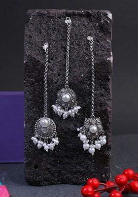 White Pearl Beaded Silver Plated  Maangtikka