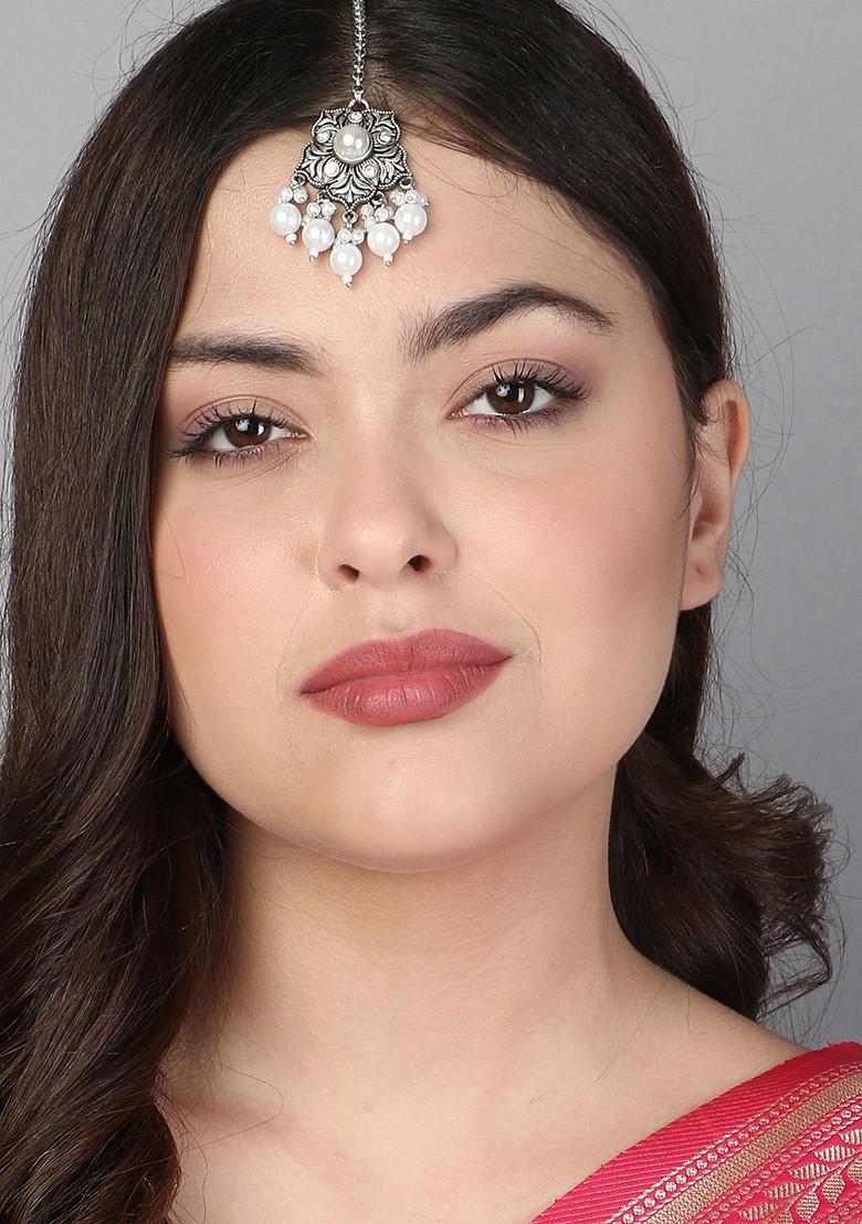 White Pearl Beaded Silver Plated  Maangtikka