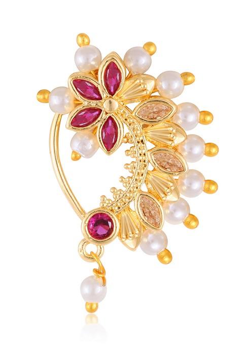 Gold Plated Pearl Bead Alloy Cz Red Stone Maharashtrian Nath