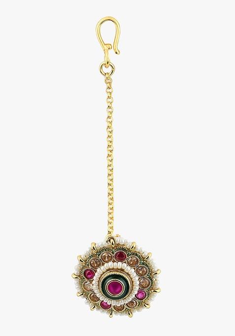 Gold Studded  And Beaded  Gold Plated Maangtikka