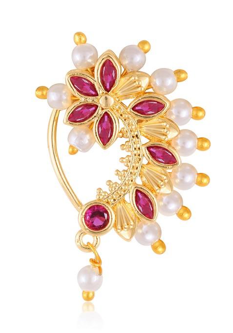 Gold Plated Pearl Bead Cz Red Stone Maharashtrian Nath