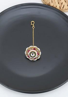 Gold Stone Studded And Beaded Gold Plated Maangtikka