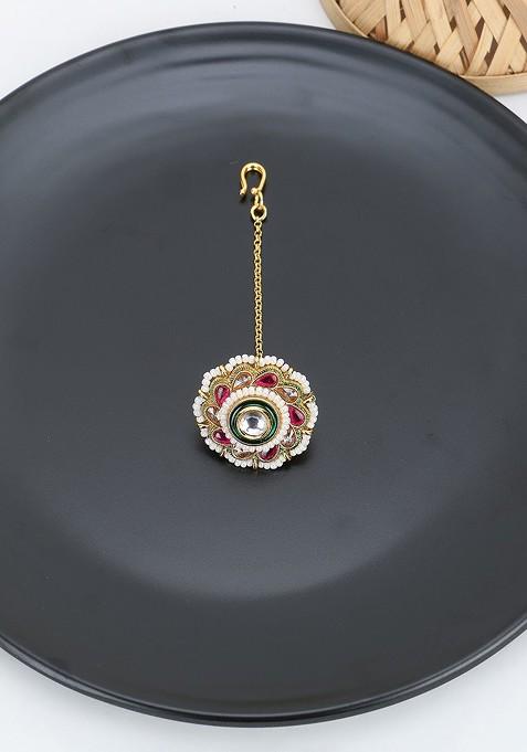 Gold Stone Studded And Beaded Gold Plated Maangtikka