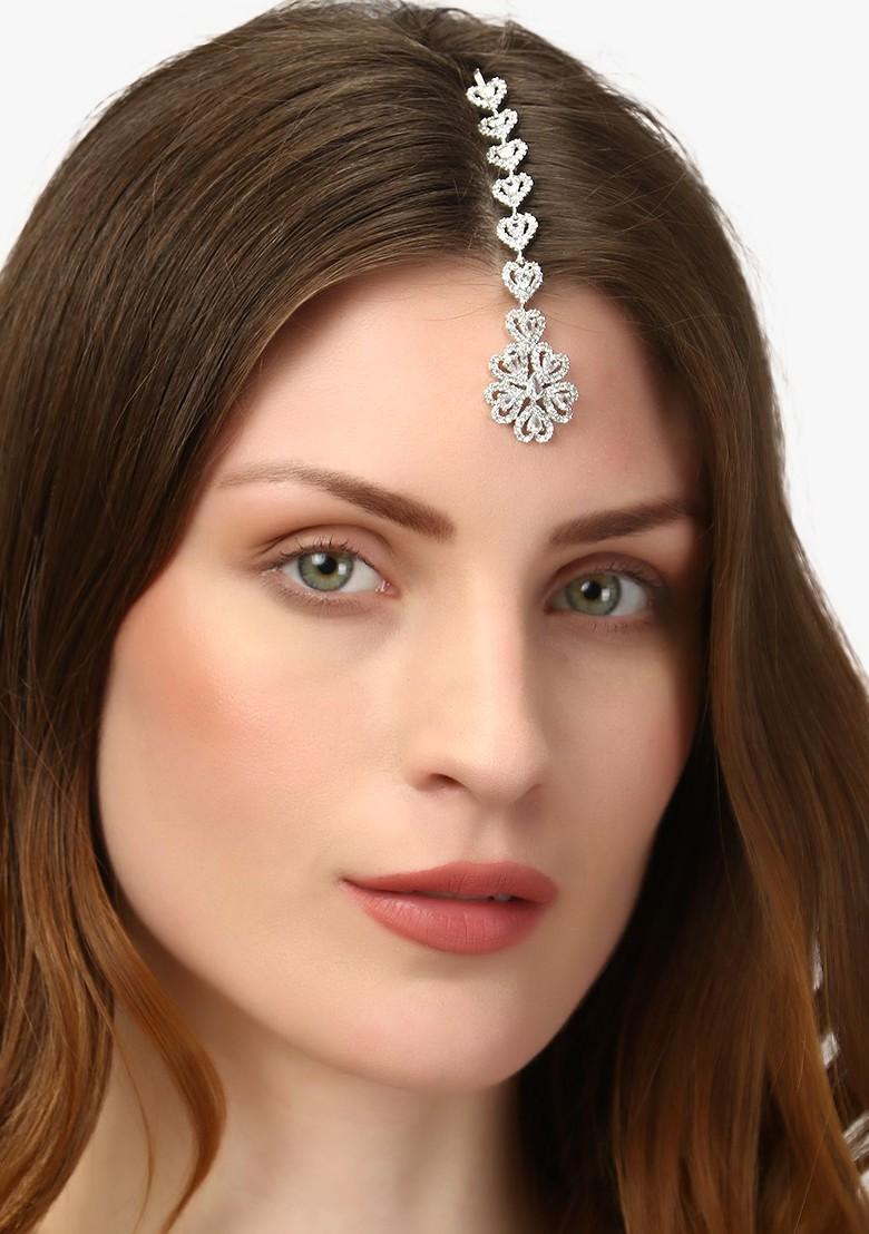 Silver Artificial Stones And Beads Rhodium Plated Maangtikka
