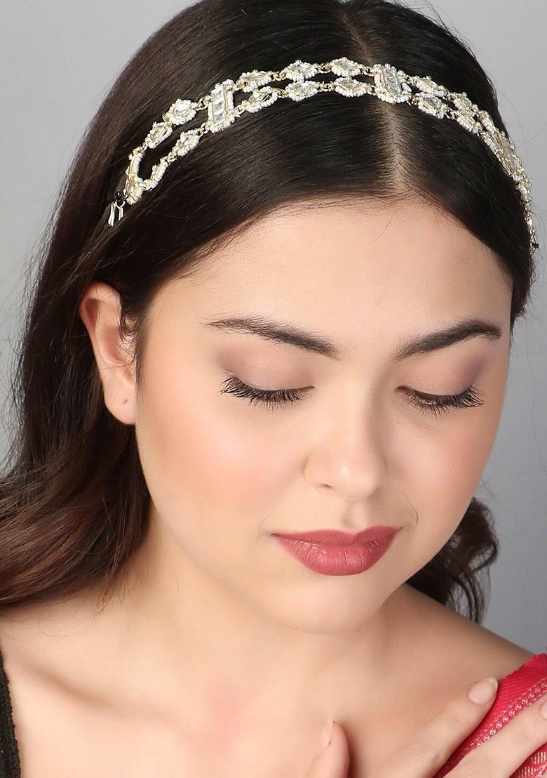 White Studded  And Beaded  Gold Plated Matha Patti