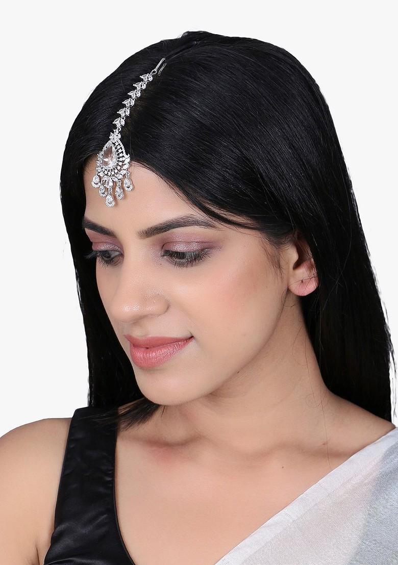 Silver Artificial Stones And Beads Rhodium Plated Maangtikka