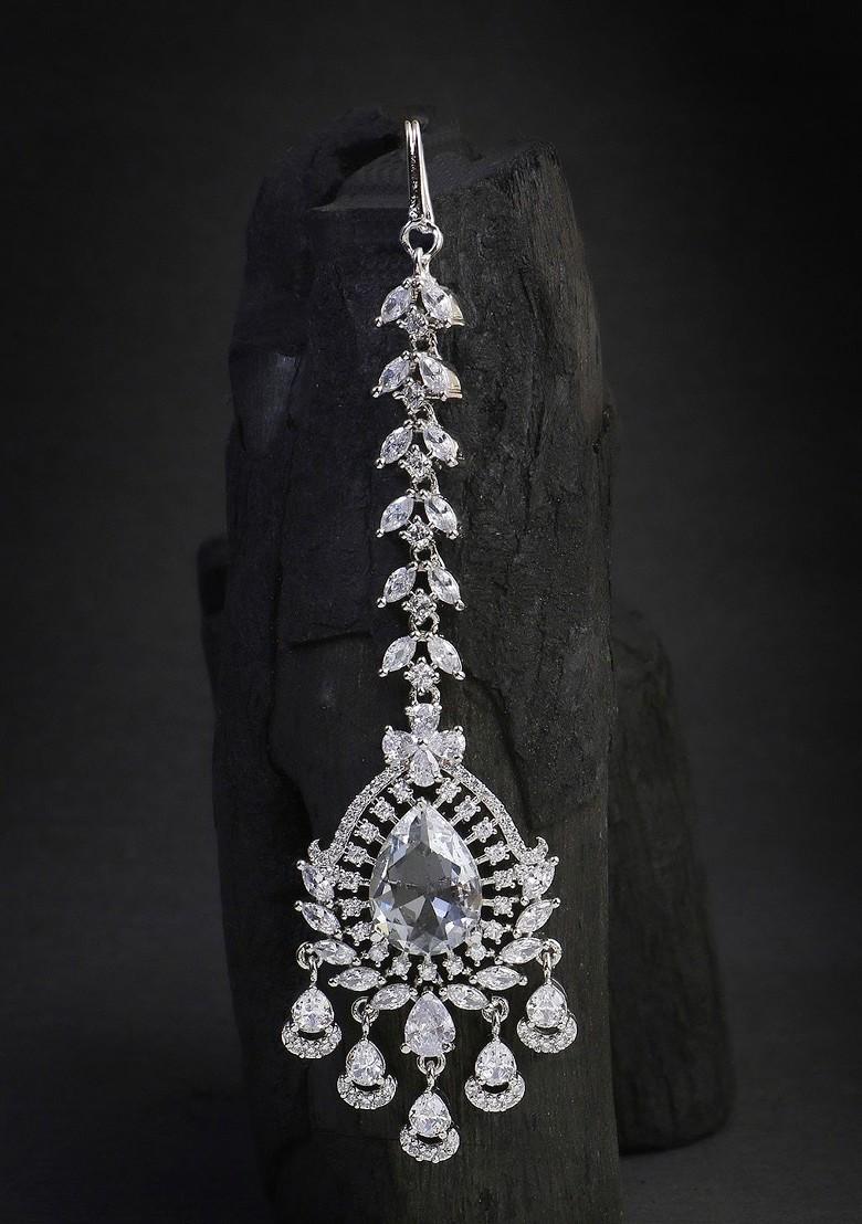 Silver Artificial Stones And Beads Rhodium Plated Maangtikka