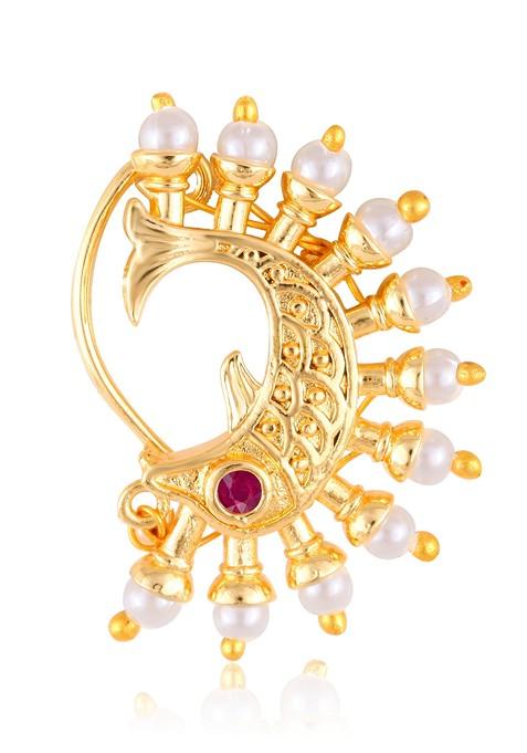 Gold Plated Bead Alloy Cz Red Stone Maharashtrian Nath