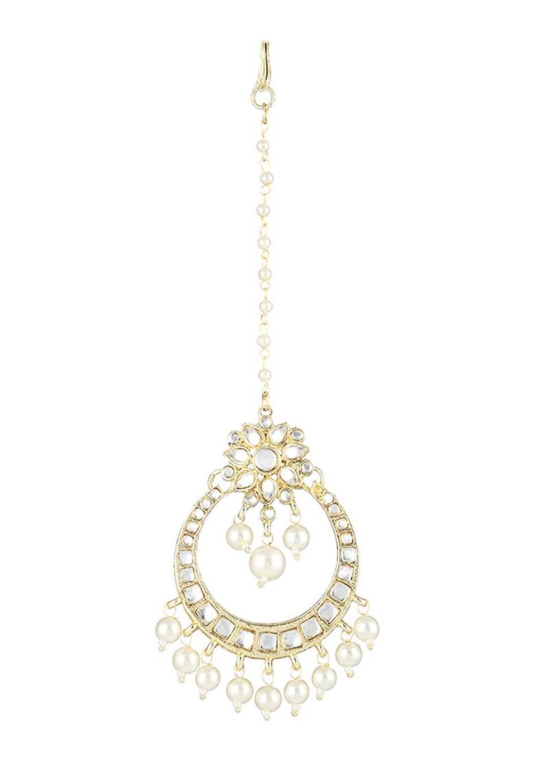 Gold Stone Studded And Beaded Gold Plated Maangtikka