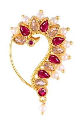 Silver Plated Pearl Bead Alloy Cz Red Stone Nath - Indya