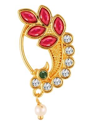 Silver Plated Pearl Bead Alloy Cz Red Stone Maharashtrian Nath