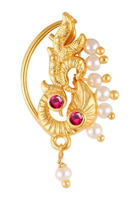 Gold Plated Pearl Alloy Cz Red Stone Maharashtrian Nath