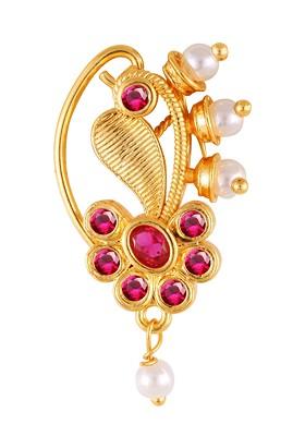 Gold Plated Pearl Bead Alloy Cz Red Stone Maharashtrian Nath