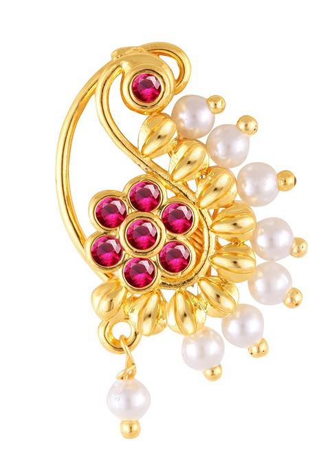 Gold Plated Pearl Bead Cz Red Stone Maharashtrian Nath