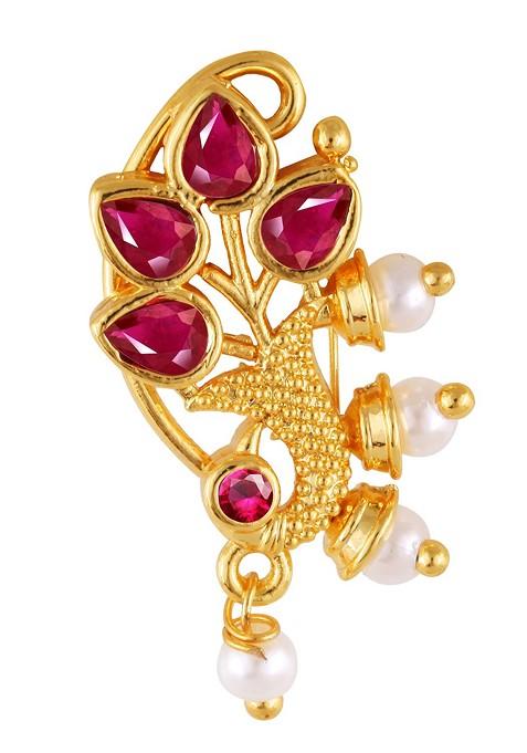 Gold Plated Pearl Bead Alloy Cz Red Stone Maharashtrian Nath