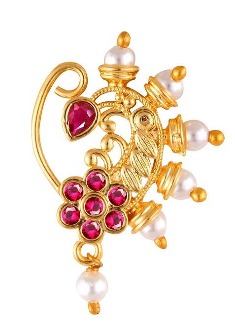 Gold Plated Pearl Bead Alloy Cz Red Stone Maharashtrian Nath