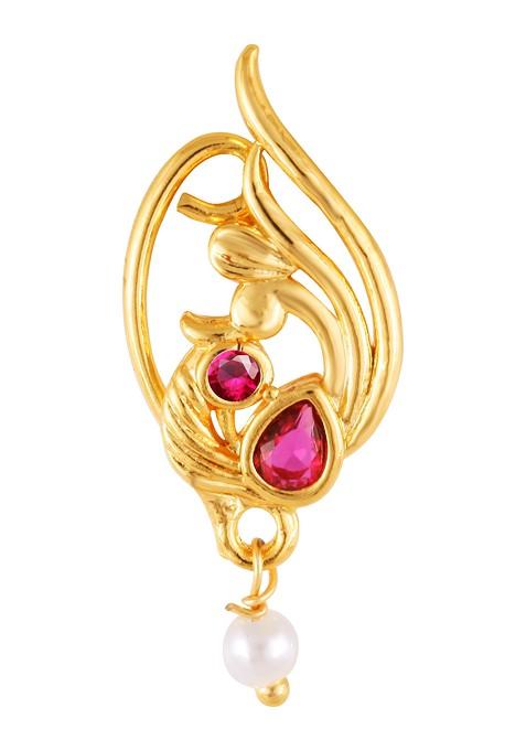 Gold Plated Pearl Bead Cz Red Stone Maharashtrian Nath