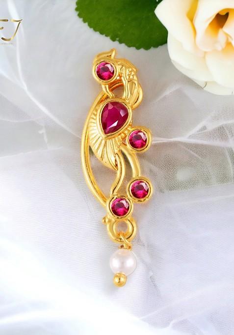 Gold Plated Pearl Bead Alloy Cz Red Stone Maharashtrian Nath